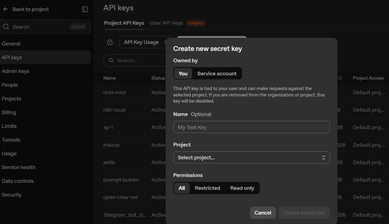 Tworzenie nowego klucza API na koncie OpenAI