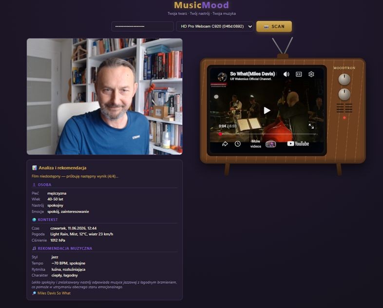 Zrzut aplikacji MusicMood do rekomendacji muzyki na podstawie nastroju.