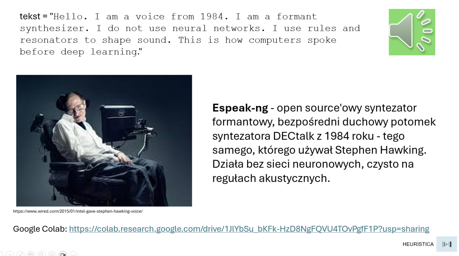 Przykładowy syntezator eSpeak-ng i materiał do eksperymentów z mową.