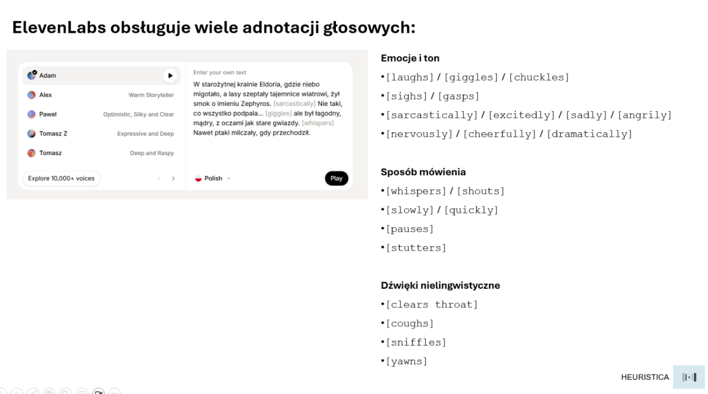 Przykładowe anotacje głosowe w panelu ElevenLabs.