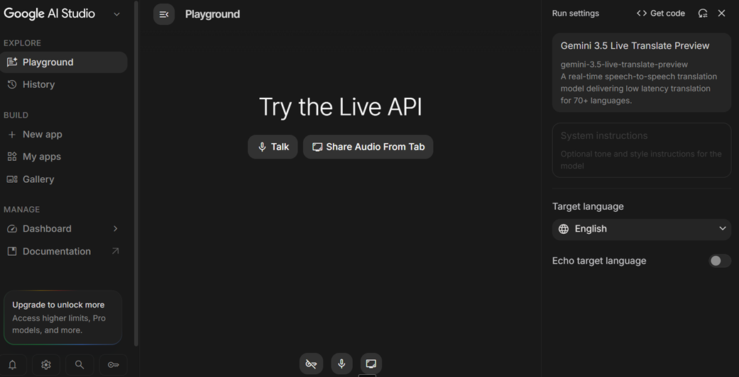 Zrzut interfejsu Gemini Live API w Google AI Studio.