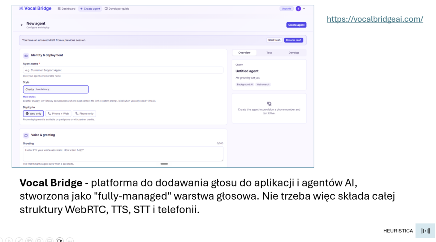 Zrzut panelu platformy Vocal Bridge do konfigurowania agentów głosowych.