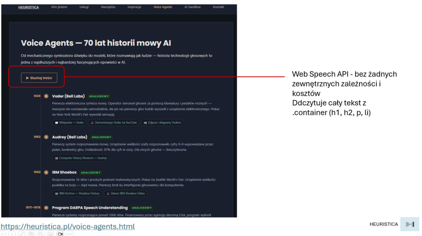 Zrzut strony Heuristica z przyciskiem Web Speech API do odsłuchu tekstu.
