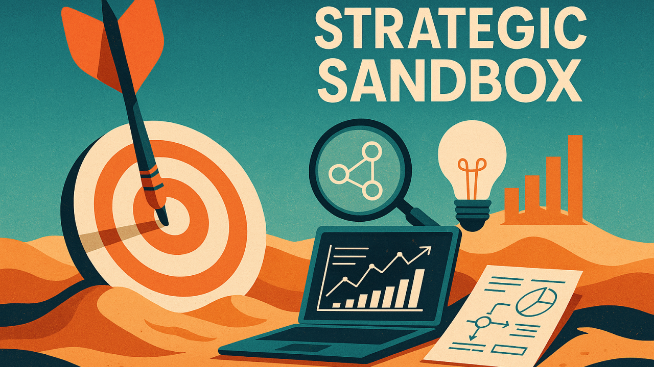 Ilustracja aplikacji Strategic Sandbox z tarczą, laptopem i schematem strategii.