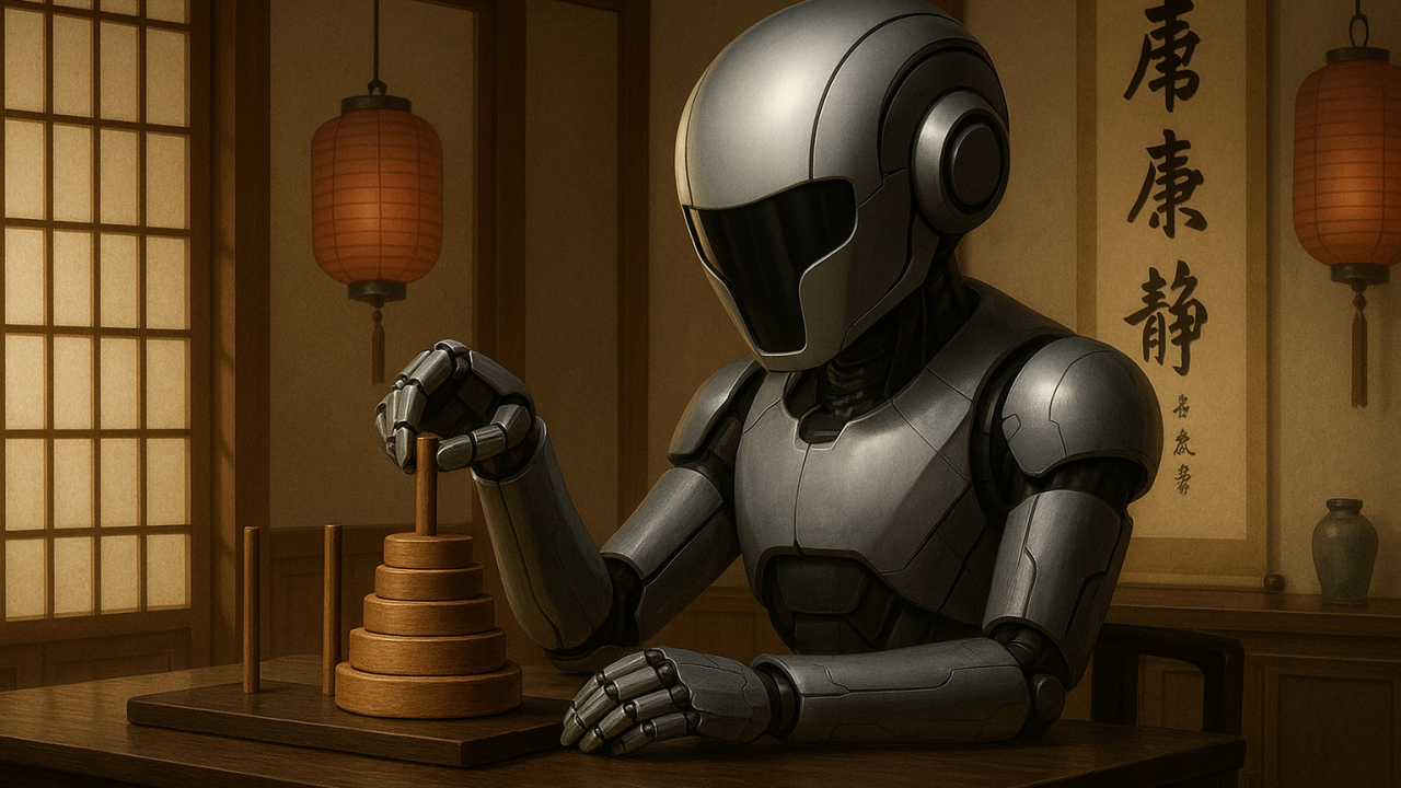 Ilustracja robota rozwiązującego łamigłówkę Wież Hanoi.